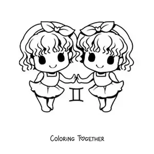 Coloring page of twin girls of the Gemini sign, kawaii cartoon style