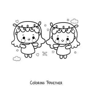 Coloring page of twin girls of the Gemini sign, kawaii style, with their symbol