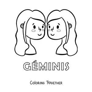 Coloring page of cartoon twin girls of Gemini with the name of the sign