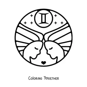 Coloring page of easy cartoon twin girls of the Gemini sign with a heart