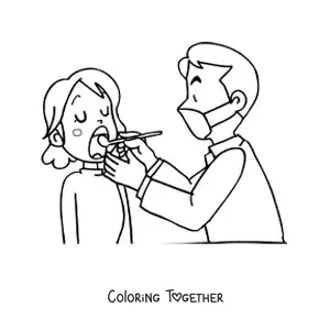 Coloring page of an animated dentist and their patient with an open mouth