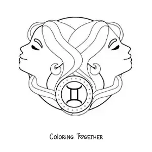 Coloring page of girls of the Gemini sign with their symbol