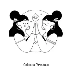 Coloring page of two cartoon girls of the Gemini sign