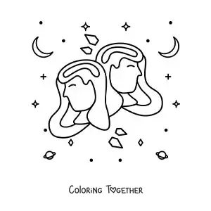 Coloring page of girls of the Gemini sign with stars and planets