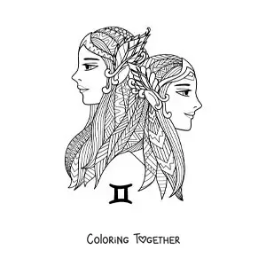 Coloring page of a mandala of girls of the Gemini zodiac sign