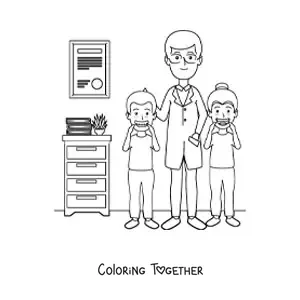 Coloring page of a children's dentist and two children