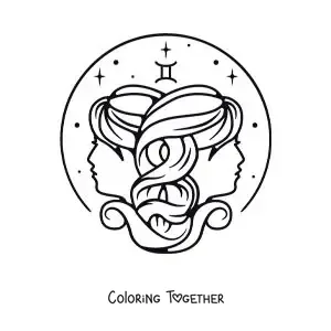 Coloring page of the twins of Gemini with their symbol
