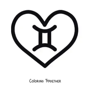 Coloring page of the Gemini symbol inside a heart