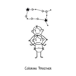 Coloring page of a cartoon Gemini with its constellation