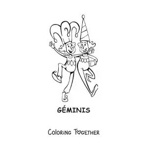 Coloring page of two cartoon clowns of the Gemini sign