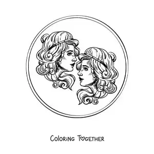 Coloring page of twin women of the Gemini sign, realistic style