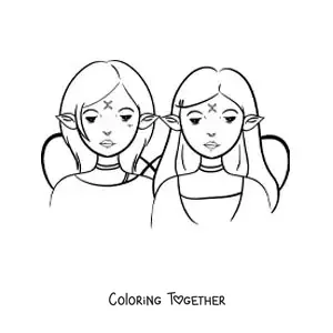 Coloring page of two cartoon girls of the Gemini sign, fantasy style