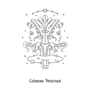 Coloring page of the twins of Gemini with their sign