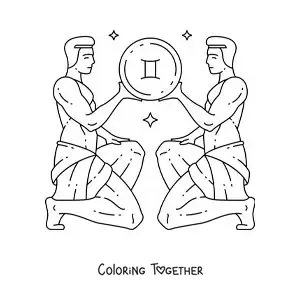 Coloring page of the cartoon twins of Gemini with their symbol