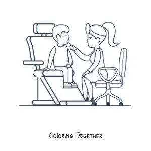 Coloring page of a woman dentist sitting and checking a patient