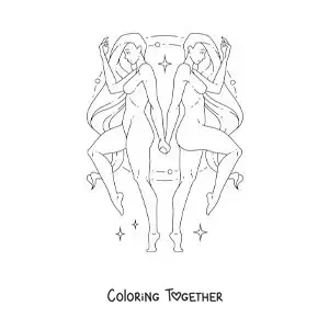 Coloring page of two women of the Gemini sign