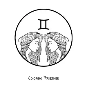 Coloring page of the faces of two beautiful girls of the Gemini sign with their symbol