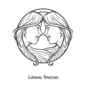 Coloring page of the faces of two realistic girls of the Gemini sign
