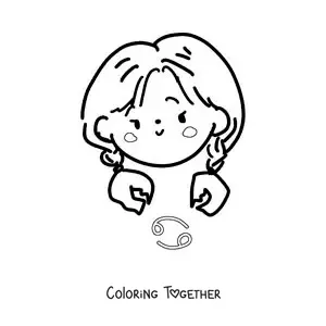 Coloring page of a Cancer sign girl, kawaii style