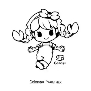 Coloring page of a Cancer sign girl, kawaii cartoon style, with her symbol