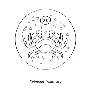 Coloring page of the crab of the Cancer zodiac sign with its symbol and stars