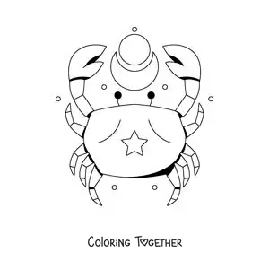 Coloring page of a cartoon Cancer sign crab with stars