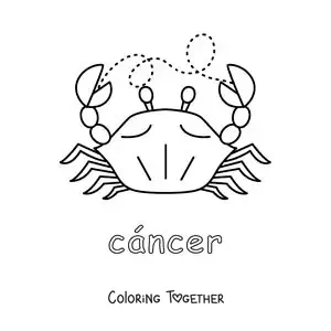 Coloring page of a crab with the name of the Cancer sign