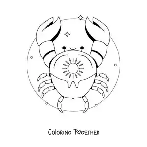Coloring page of a cartoon Cancer sign crab with a sun and stars