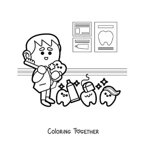 Coloring page of a dentist next to several animated teeth