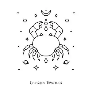 Coloring page of the Cancer crab with stars and celestial bodies