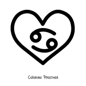 Coloring page of a Cancer sign symbol inside a heart