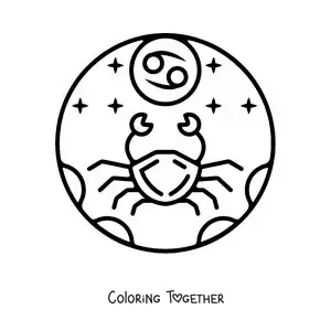Coloring page of a Cancer sign crab with its easy symbol