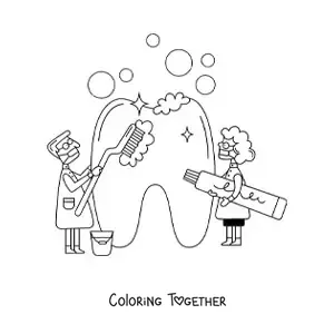 Coloring page of two dentists cleaning a giant tooth