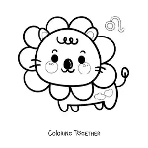 Coloring page of an animated kawaii Leo sign lion with its symbol