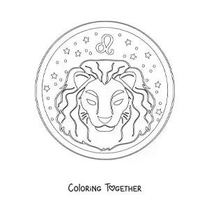 Coloring page of a Leo zodiac sign lion with its symbol and stars
