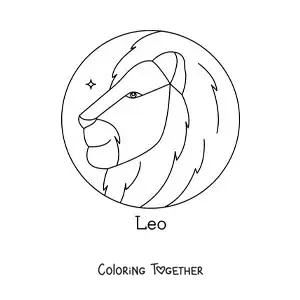 Coloring page of a Leo lion with the name of the sign