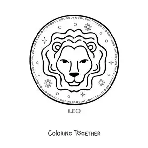Coloring page of an animated Leo lion with the sign name and stars