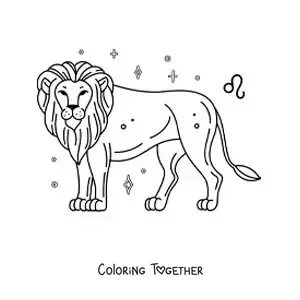 Coloring page of a Leo sign lion with its symbol and stars