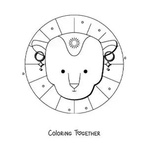 Coloring page of a cartoon lion head of the Leo zodiac sign with a sun