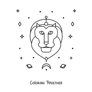 Coloring page of the Leo sign lion with stars and celestial bodies