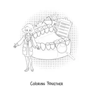 Coloring page of a woman dentist next to oral hygiene items