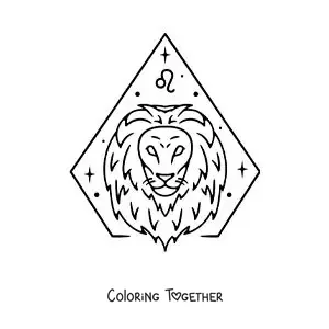 Coloring page of an easy Leo zodiac sign lion with its symbol and stars