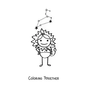 Coloring page of a cartoon Leo sign character with its constellation
