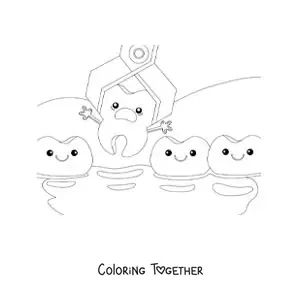 Coloring page of a kawaii animated tooth being pulled from the teeth