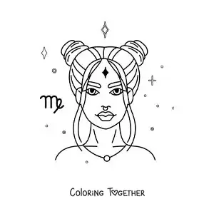 Coloring page of a Virgo sign woman with stars and her symbol