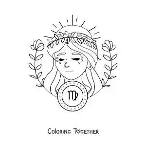 Coloring page of a beautiful animated Virgo sign woman with her symbol and flowers