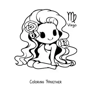 Coloring page of a kawaii Virgo sign girl with her symbol