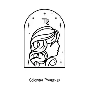 Coloring page of a Virgo sign girl with her symbol and stars