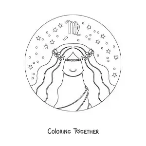 Coloring page of an animated Virgo sign woman with stars