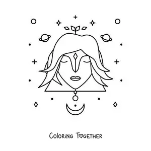 Coloring page of the Virgo sign with stars and celestial bodies